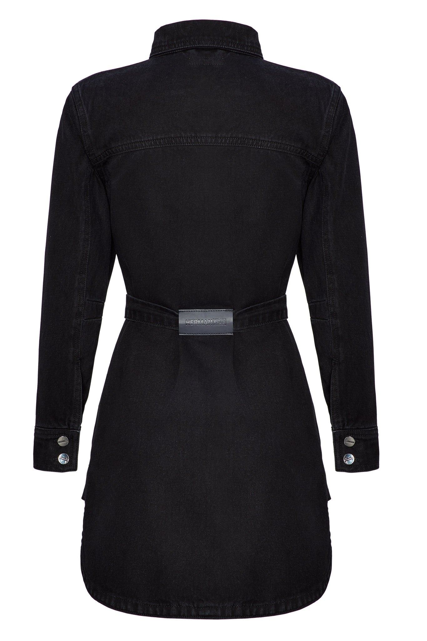Back view of the black washed jean dress with its belt laid flat