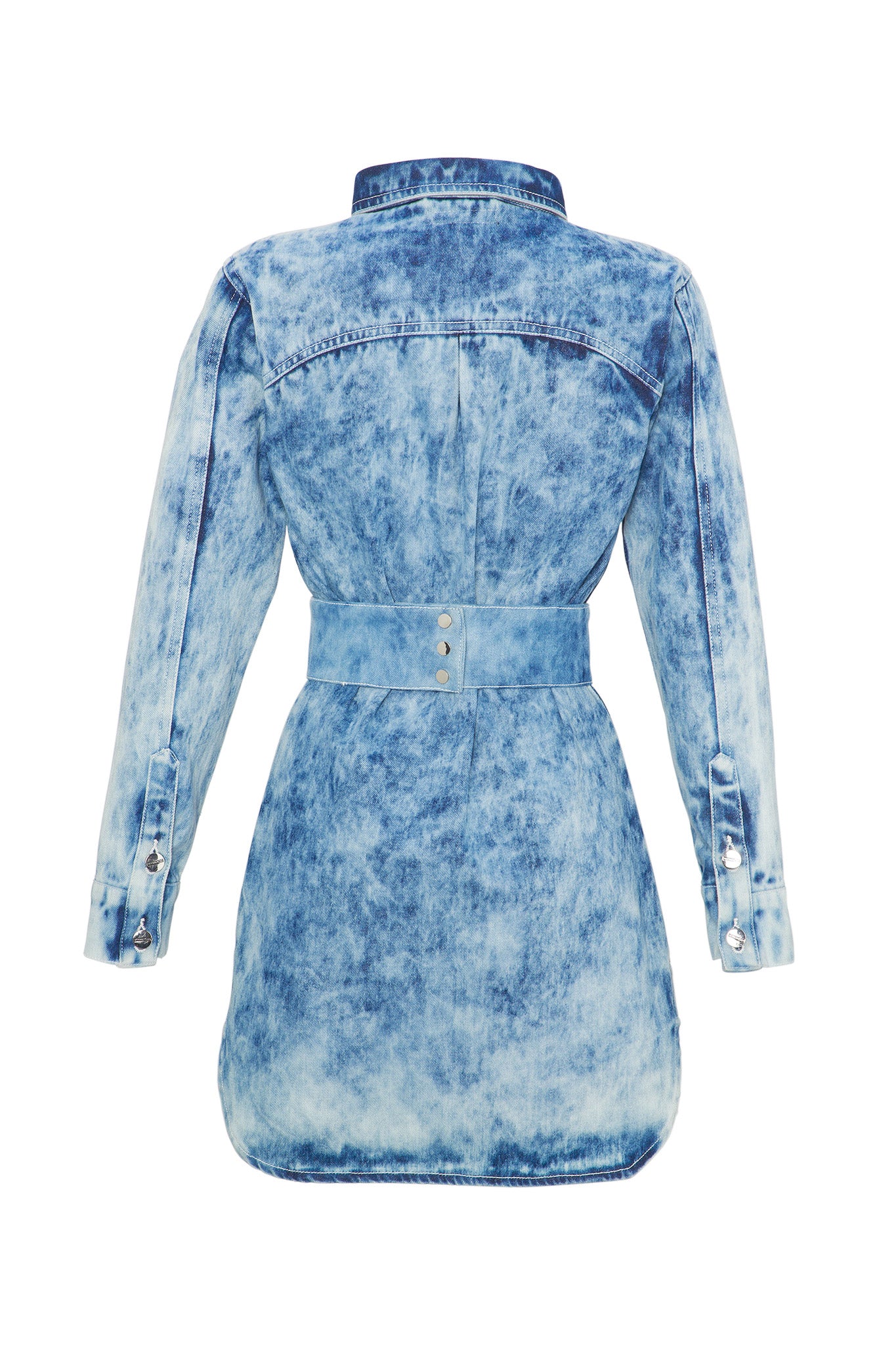 Back view of the blue acid wash denim dress with its belt, laid flat