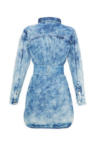 Back view of the blue acid wash denim dress with its belt, laid flat