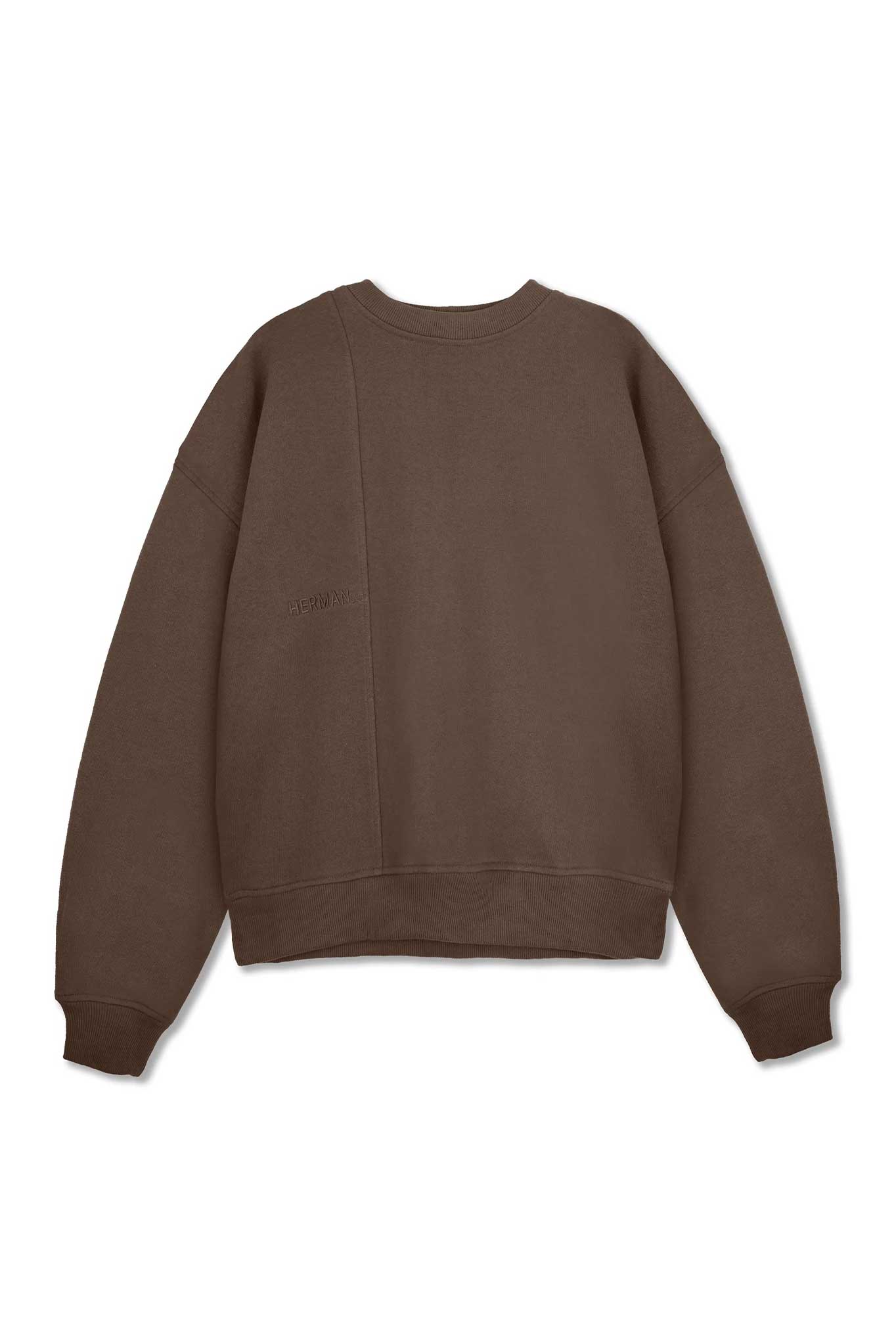 Back view of the men's brown crew neck jumper laid flat.