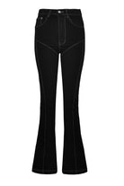 Front view of the contrast stitch flared jean in black wash, laid flat.