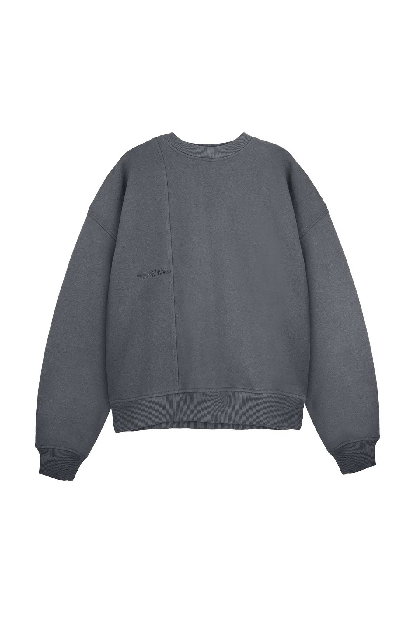 Studio flat lay shot of mens cool grey crew neck sweatshirt