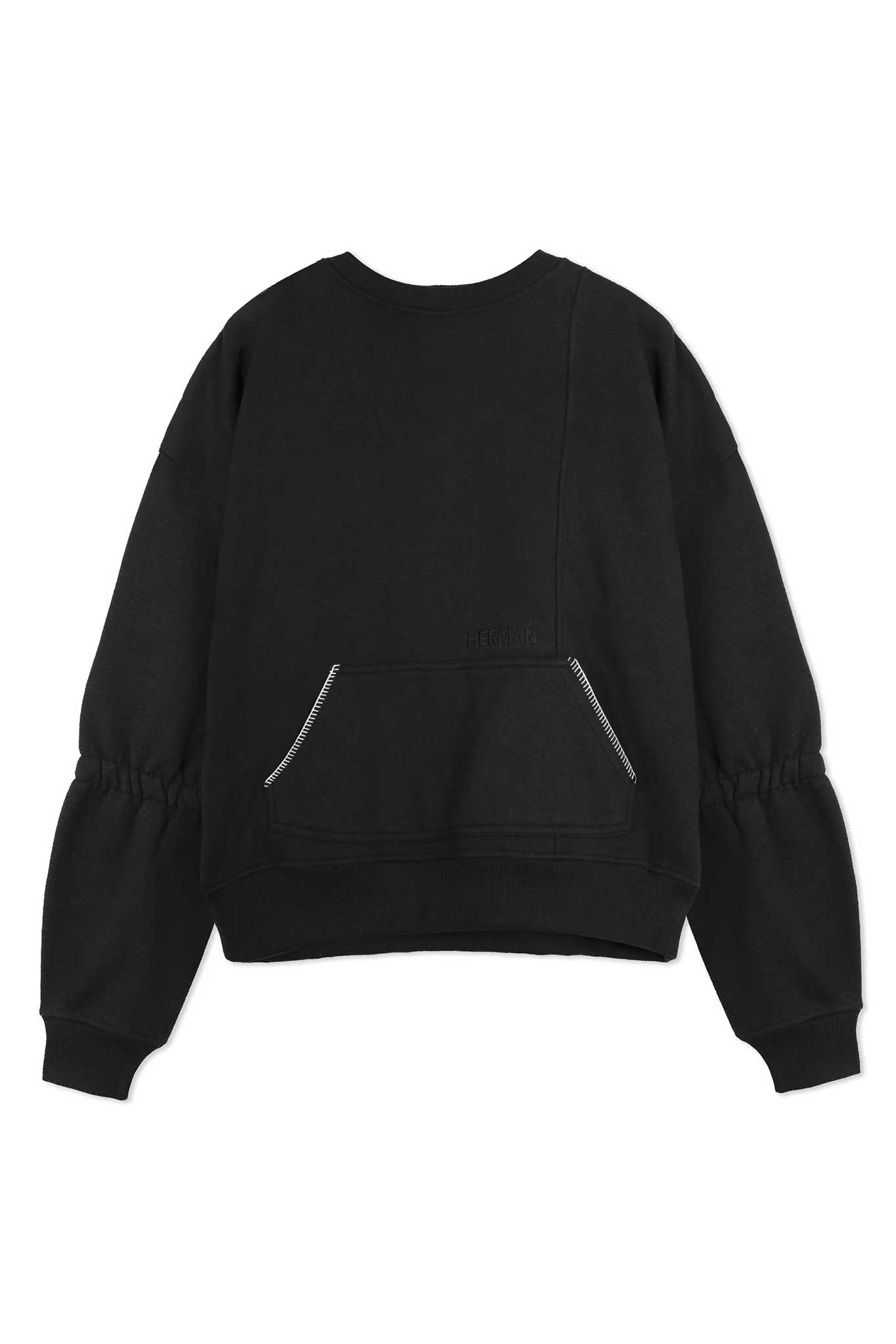 Front view of the crew neck jumper with blanket stitch detail, laid flat.