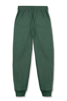 Back flat lay view of simple and comfortable dark green joggers mens