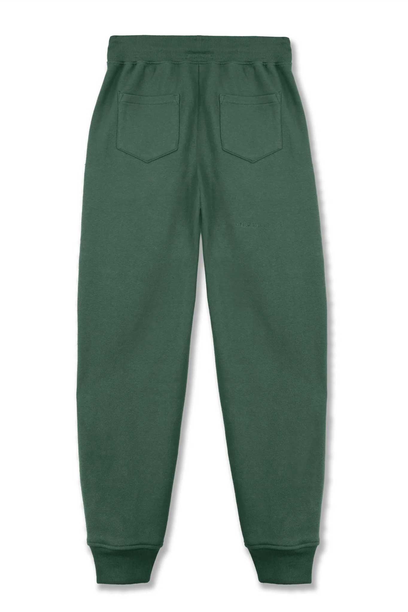 Back view of the women's dark green tapered joggers laid flat.