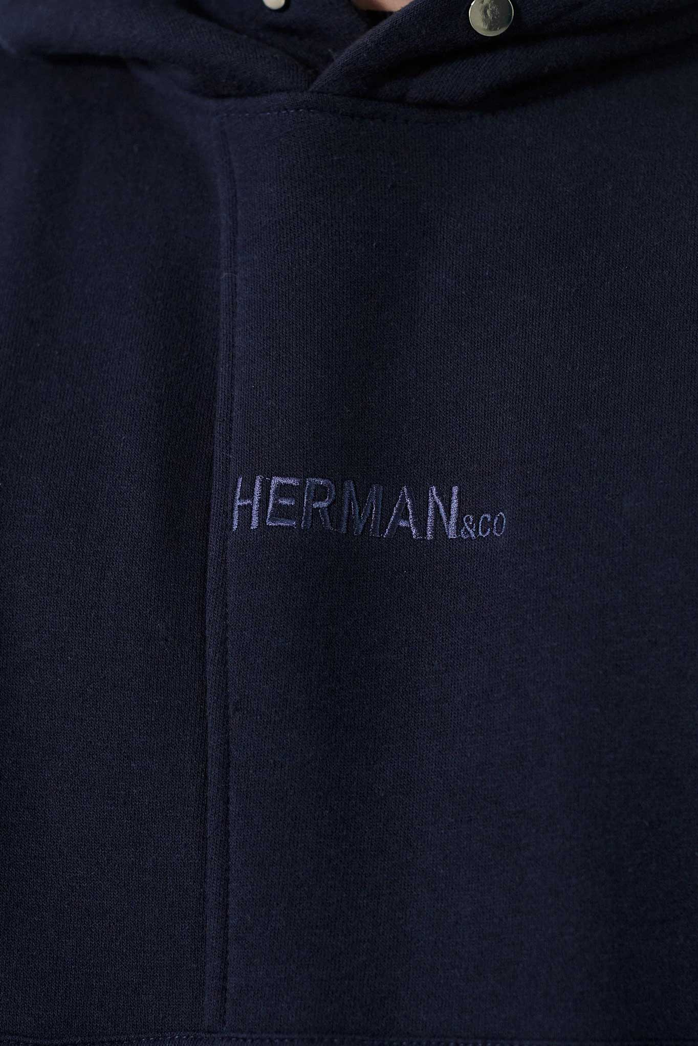 Close up detail of the kangaroo pocket on mens dark navy hoodie