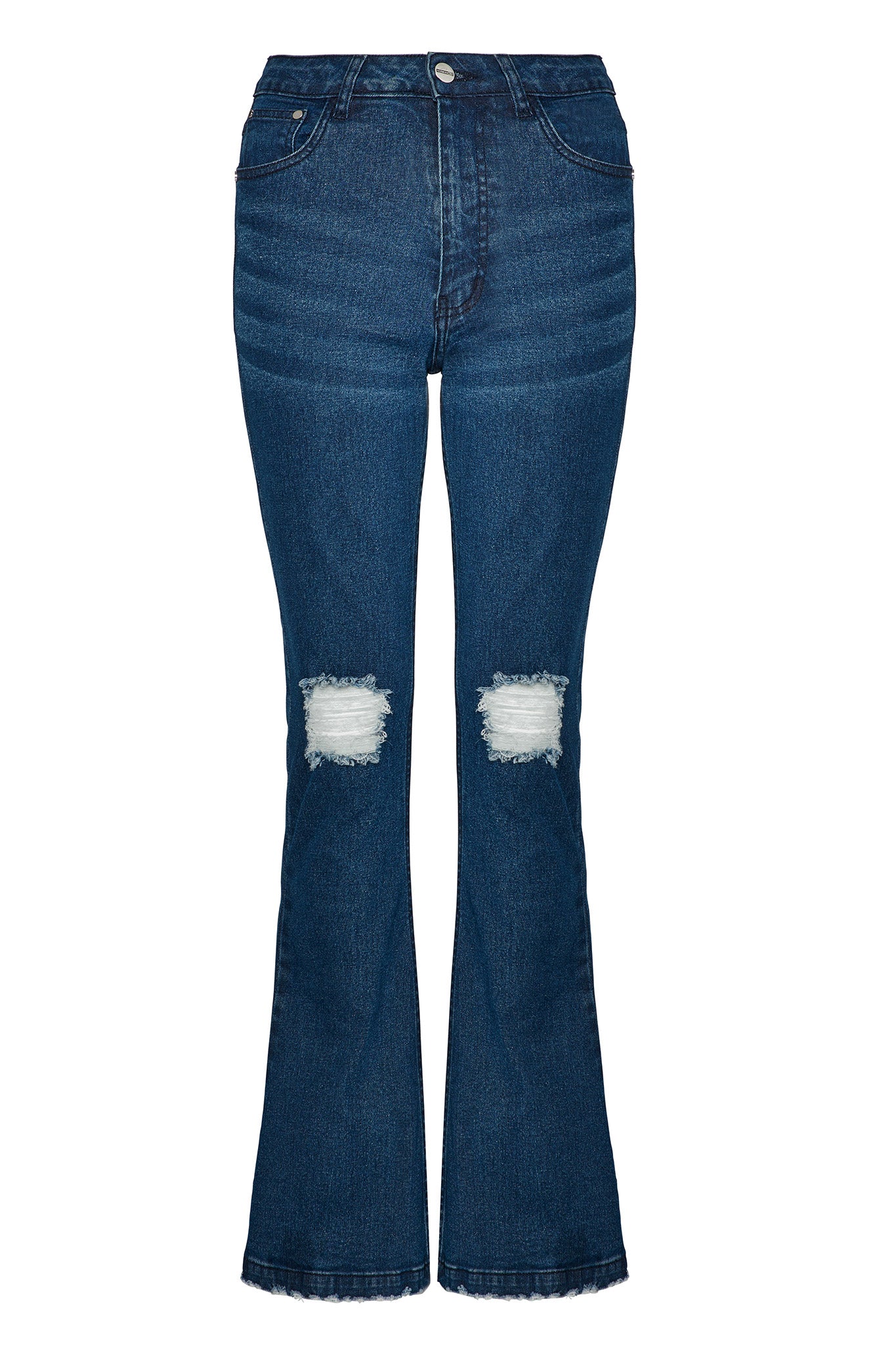 Front view of the dark wash distressed fit and flare jeans, laid flat.