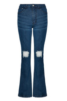 Front view of the dark wash distressed fit and flare jeans, laid flat.