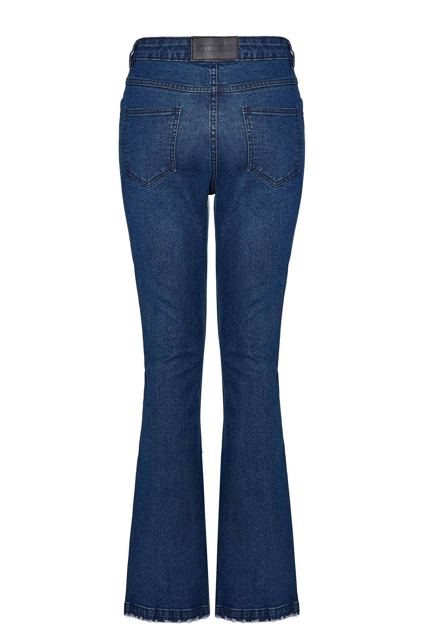 Back view of the dark wash distressed flare jeans laid flat.