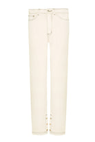 Front view of the ecru wash straight leg jeans laid flat