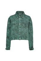 Front view of the green acid wash denim jacket laid flat