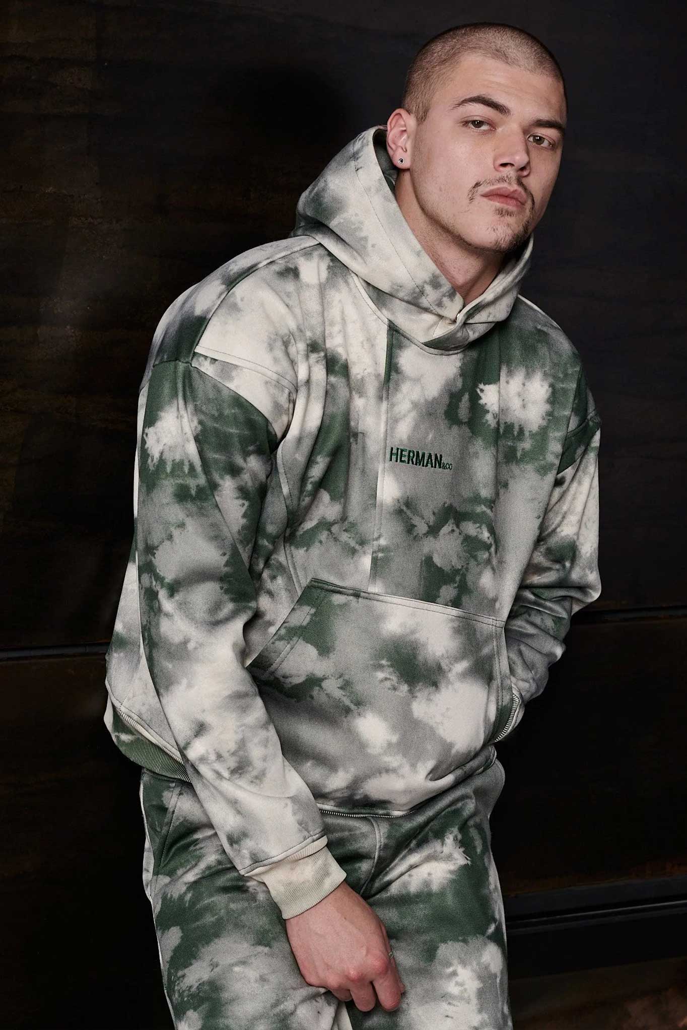 Urban streetwear look featuring a green tie dye hoodie for men