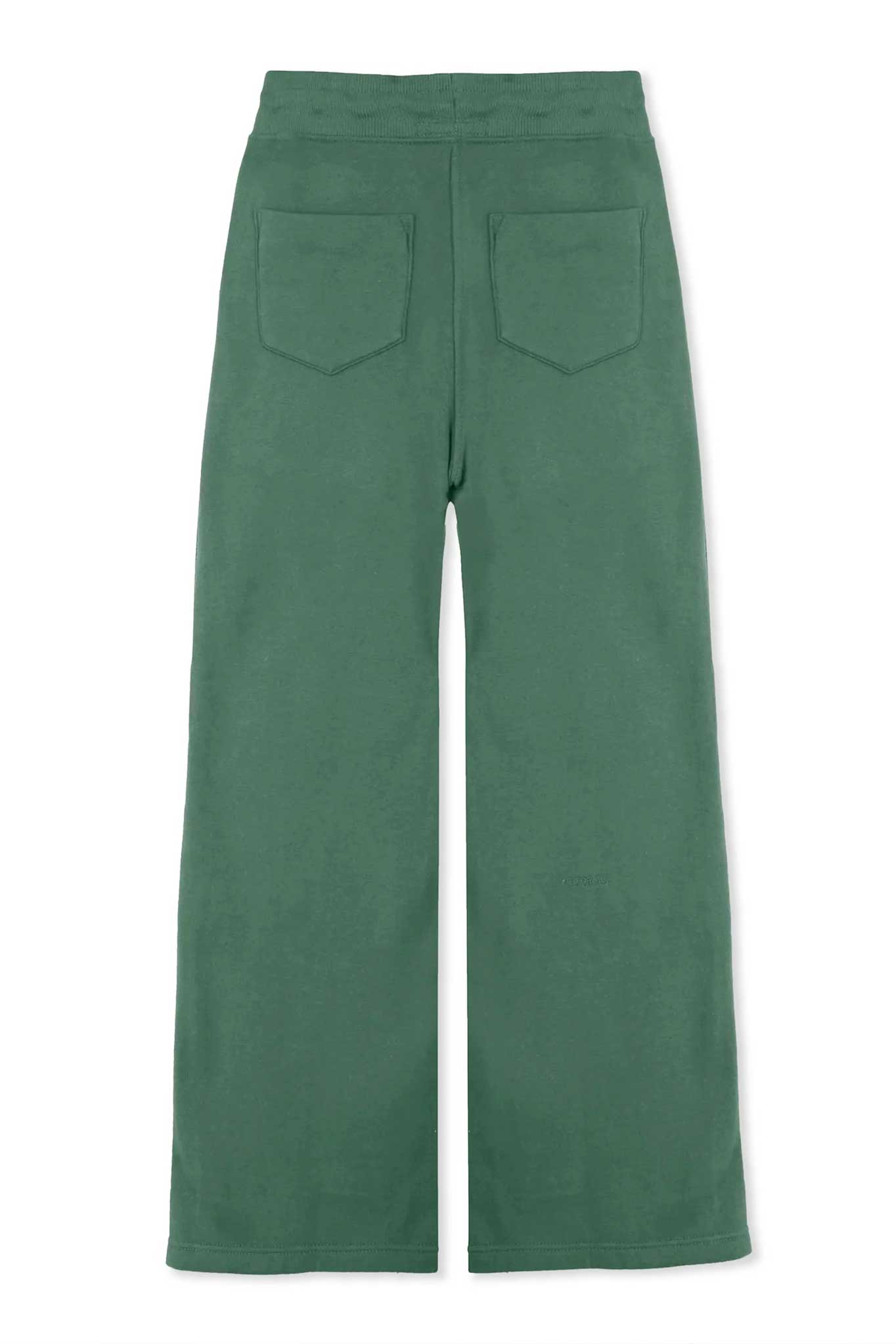 Back view of the green wide-leg joggers with back pockets, laid flat.