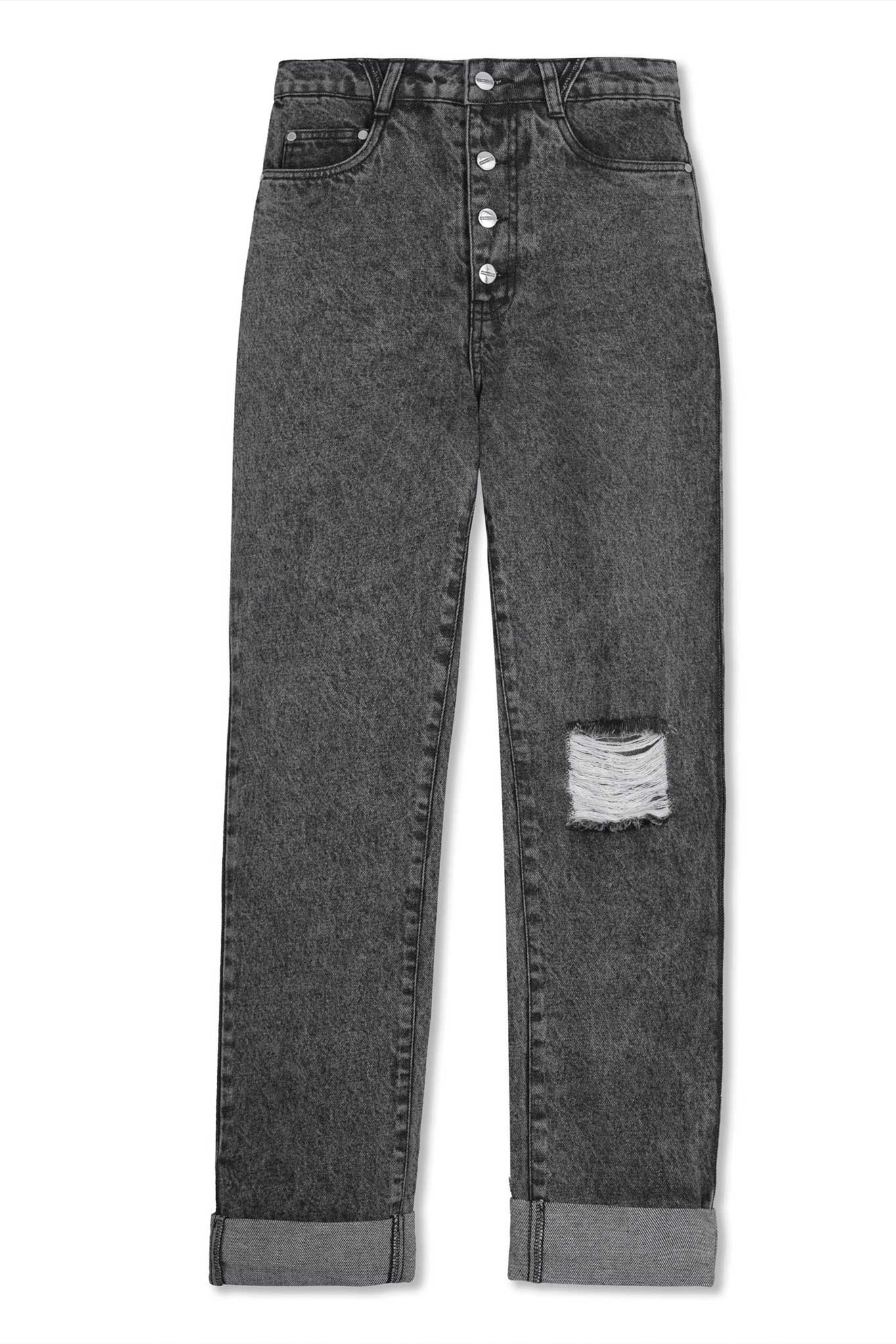 Front view of grey acid wash distressed mom jeans with a straight leg fit