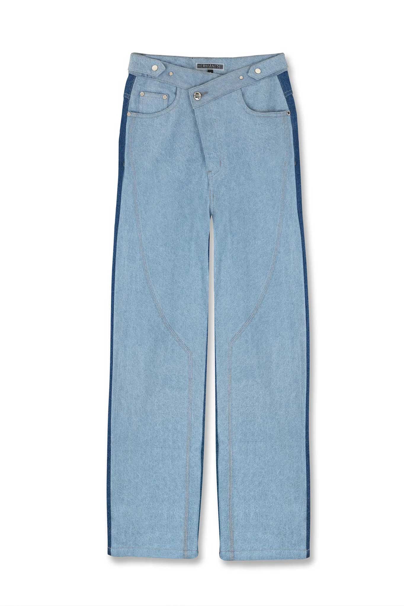 Front view of the women's half wash baggy jeans laid flat.