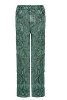Front view of the high-rise baggy green jeans laid flat.
