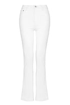 Front view of the high-waisted white flare jeans laid flat.