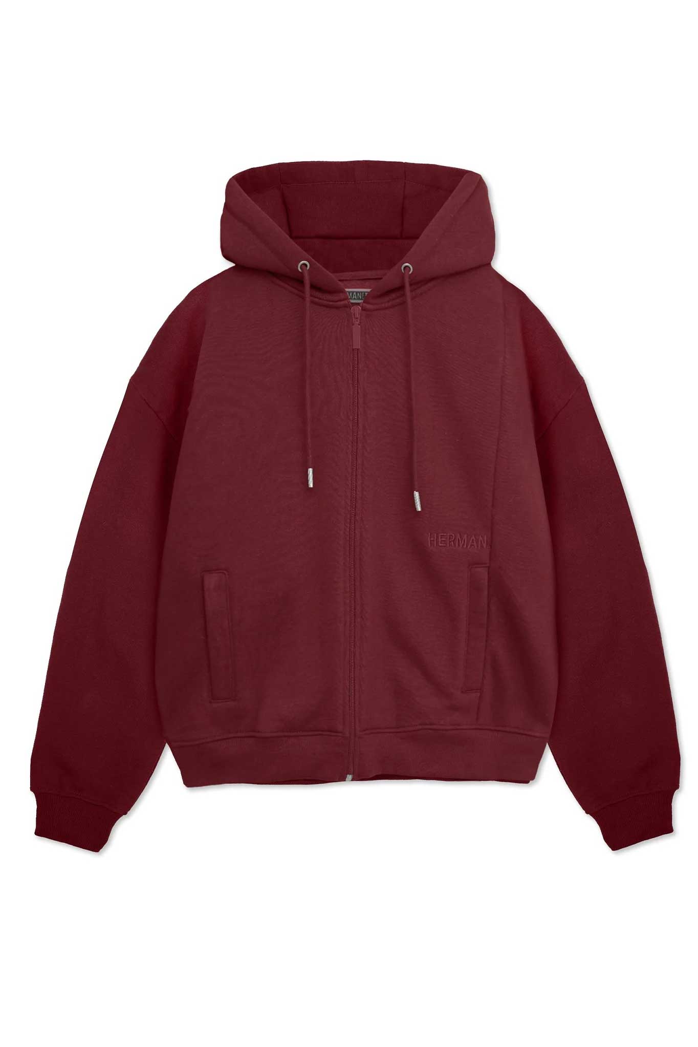 Front view of the men's maroon zip-up hoodie laid flat