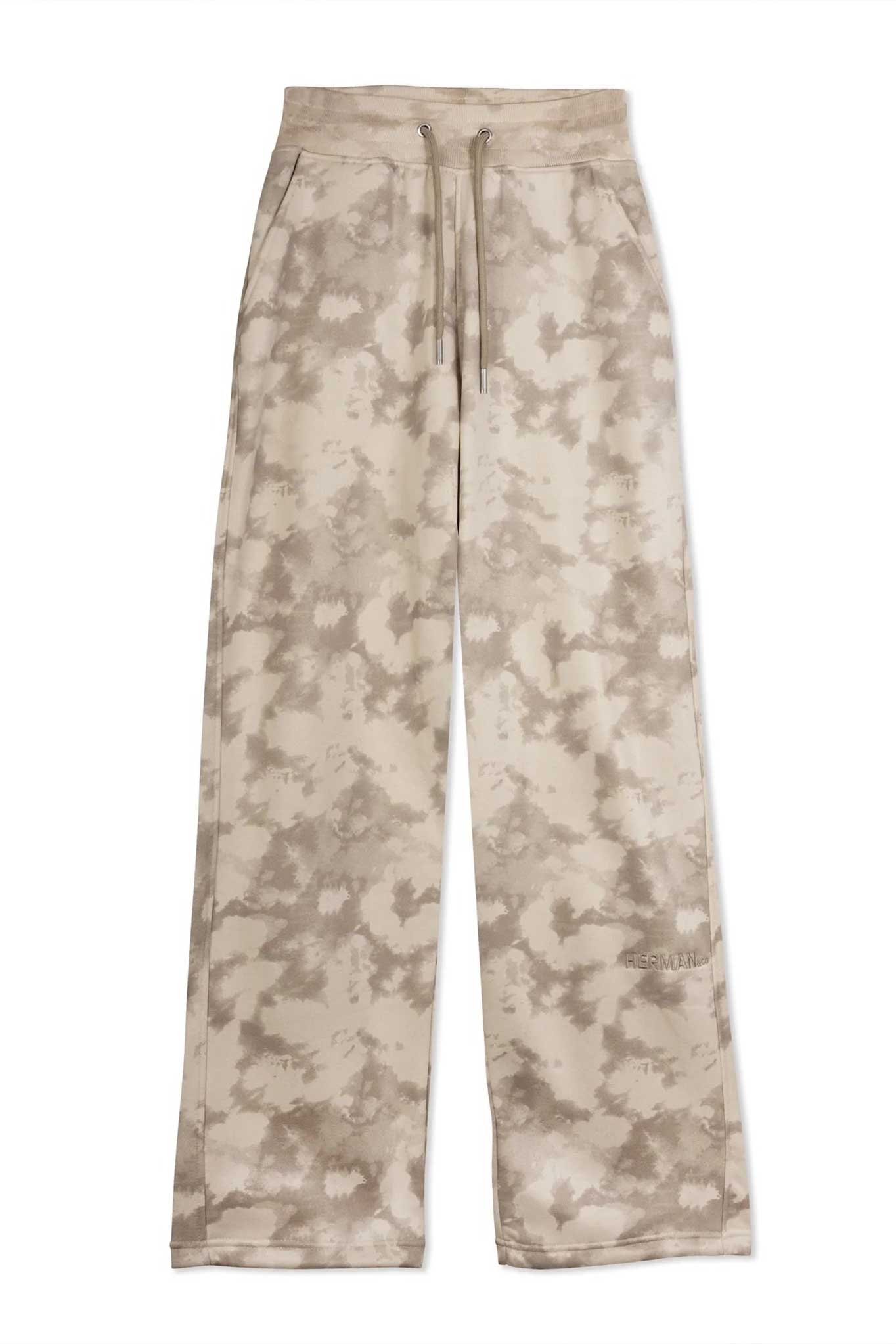 Flat lay front view of essential mens beige tie dye wide leg joggers