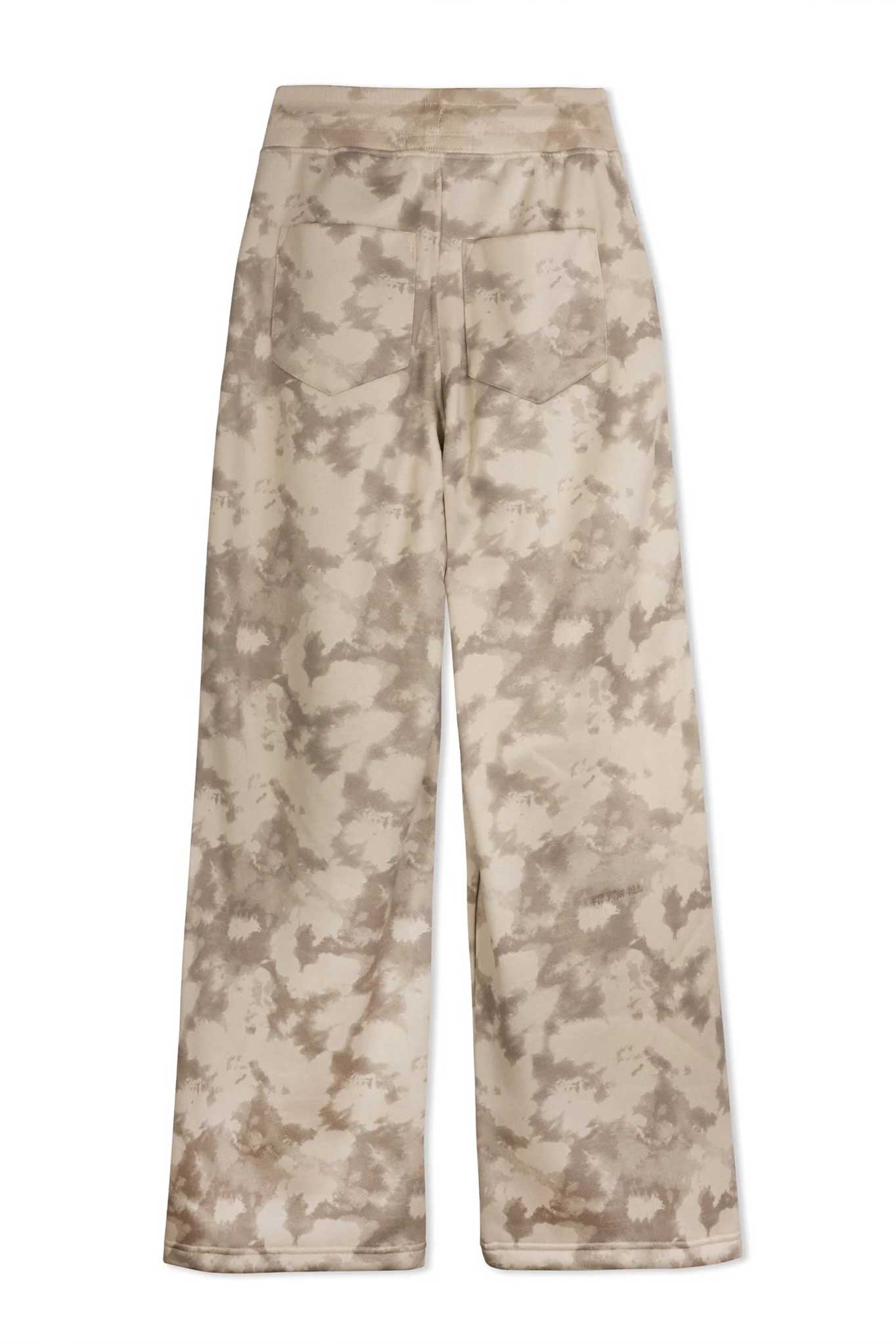 Studio flat lay view of the mens beige tie dye wide leg joggers