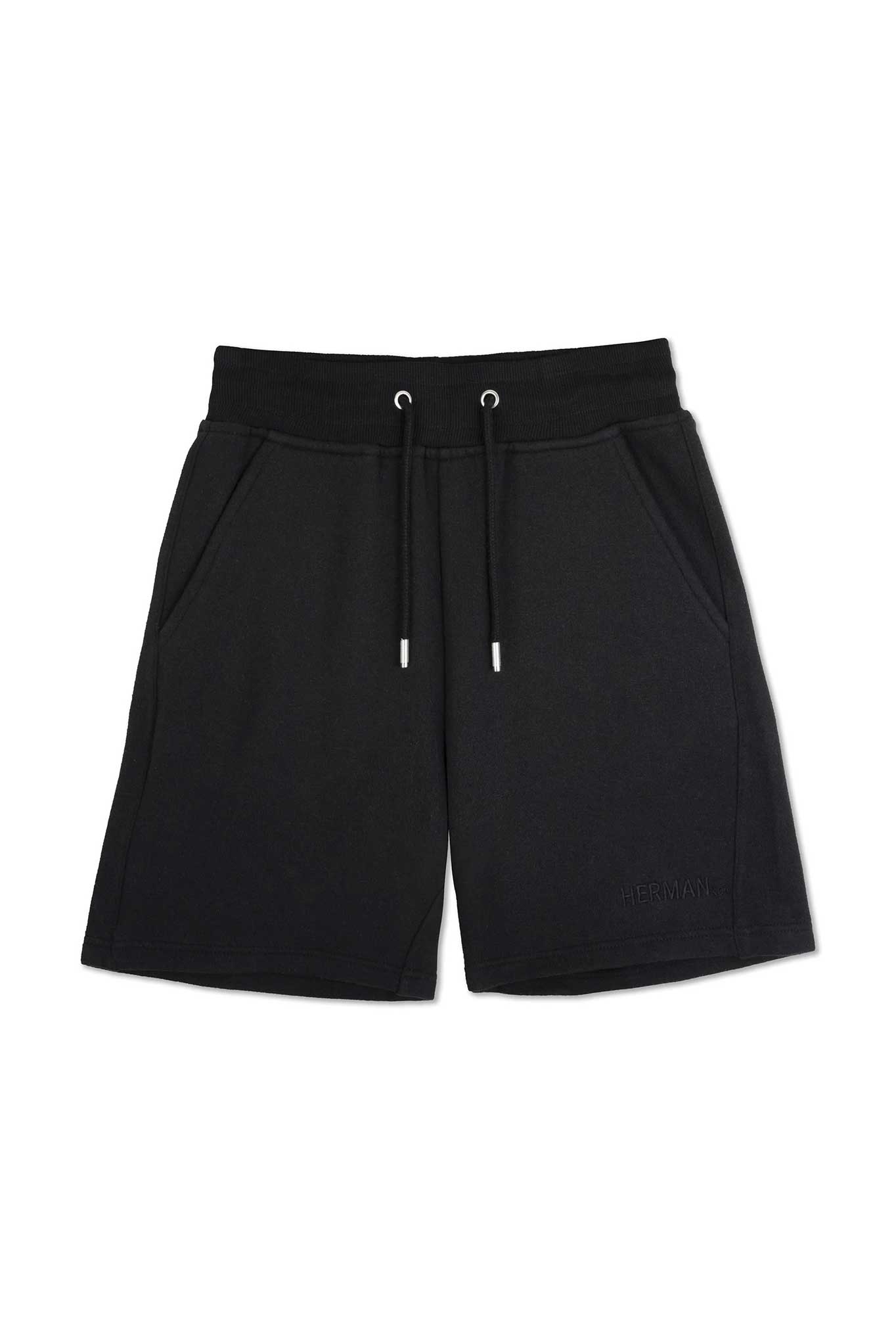 Flat lay front view of essential black tech fleece shorts men