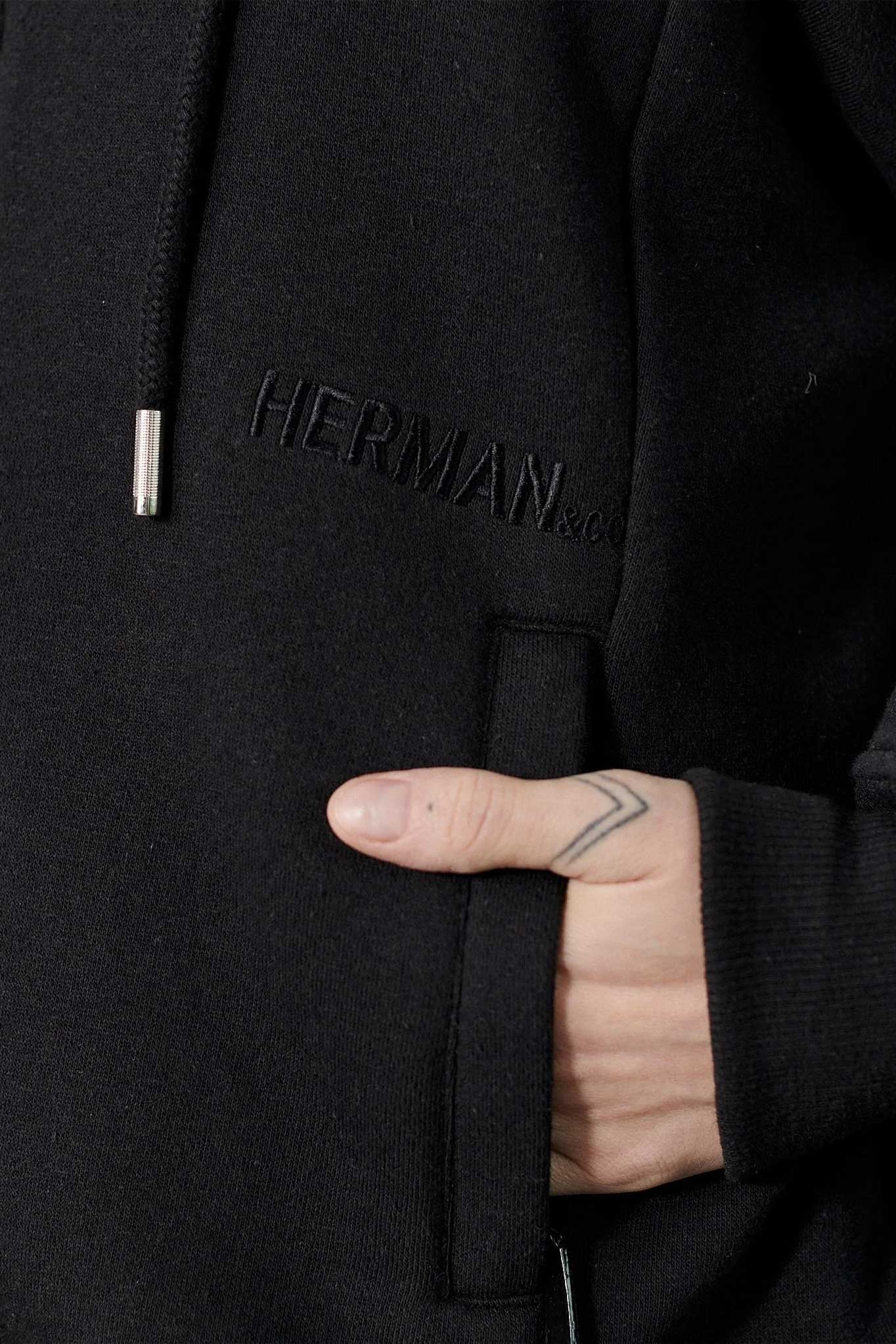 Close up view of the hood and zipper detail on mens black hoodie