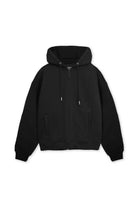 Flat lay front view of essential mens black zip up hoodie