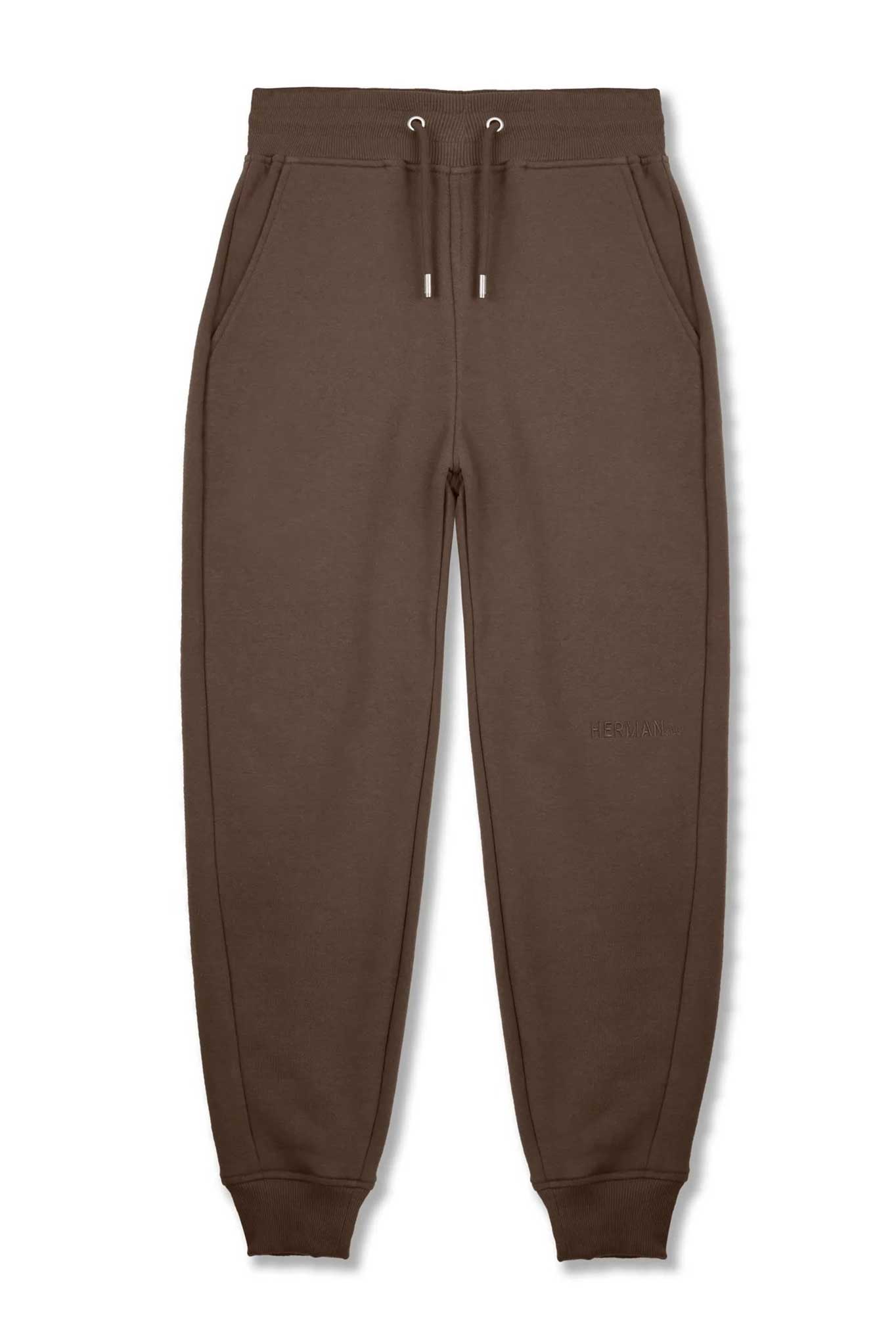 Front view of the men's brown tapered joggers laid flat.
