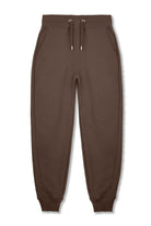 Front view of the men's brown tapered joggers laid flat.