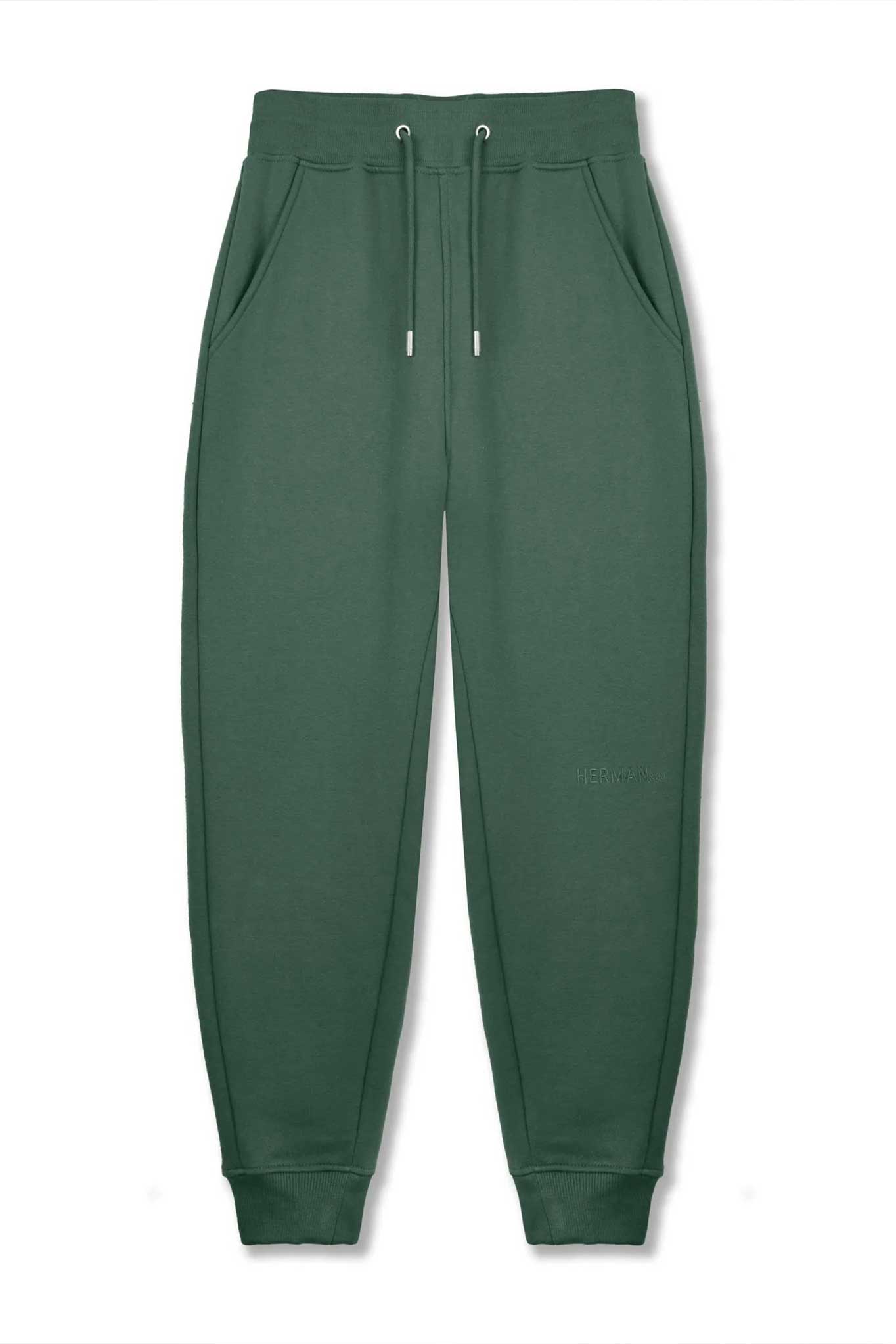 Flat lay front view of essential dark green joggers mens
