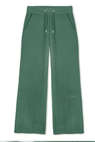 Front view of the men's dark green wide-leg joggers laid flat.