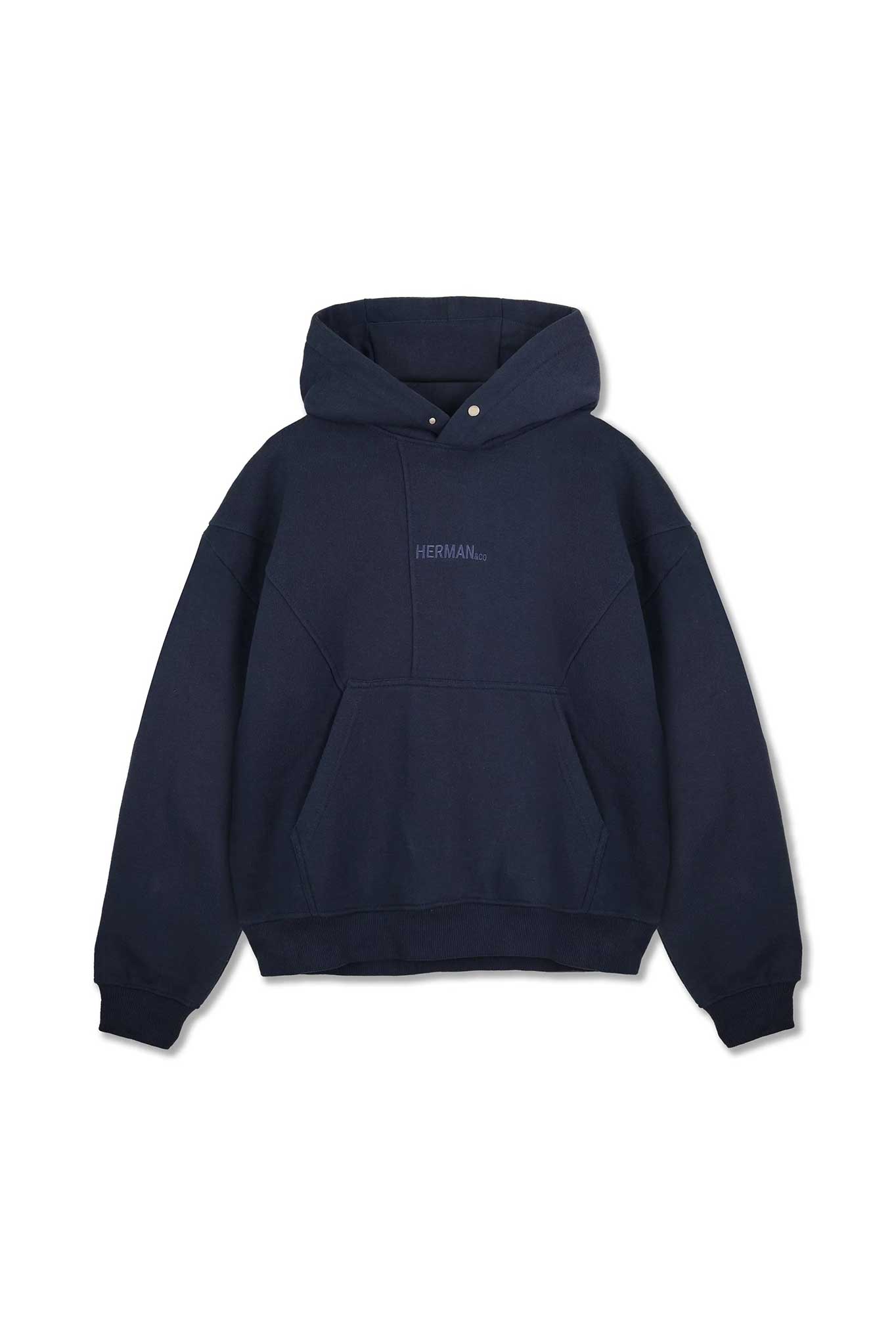 Flat lay front view of essential mens dark navy hoodie drop shoulder style