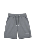 Flat lay front view of essential mens tech fleece shorts in cool grey