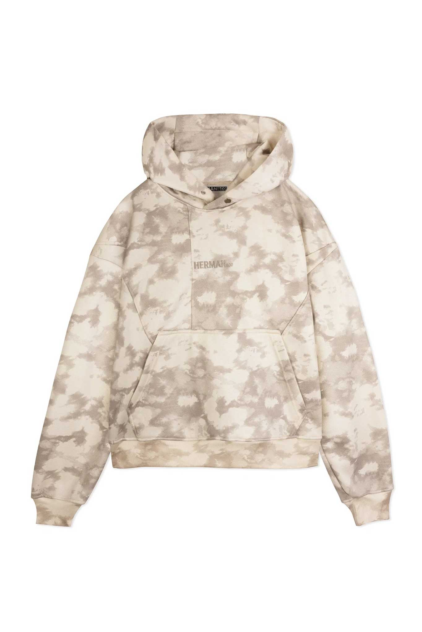Flat lay front view of essential mens tie dye hoodie in cream