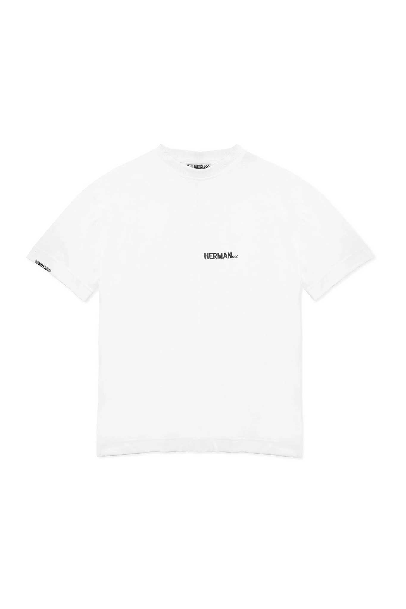Front view of the oversized white t-shirt for men laid flat with logo details.