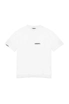 Front view of the oversized white t-shirt for men laid flat with logo details.
