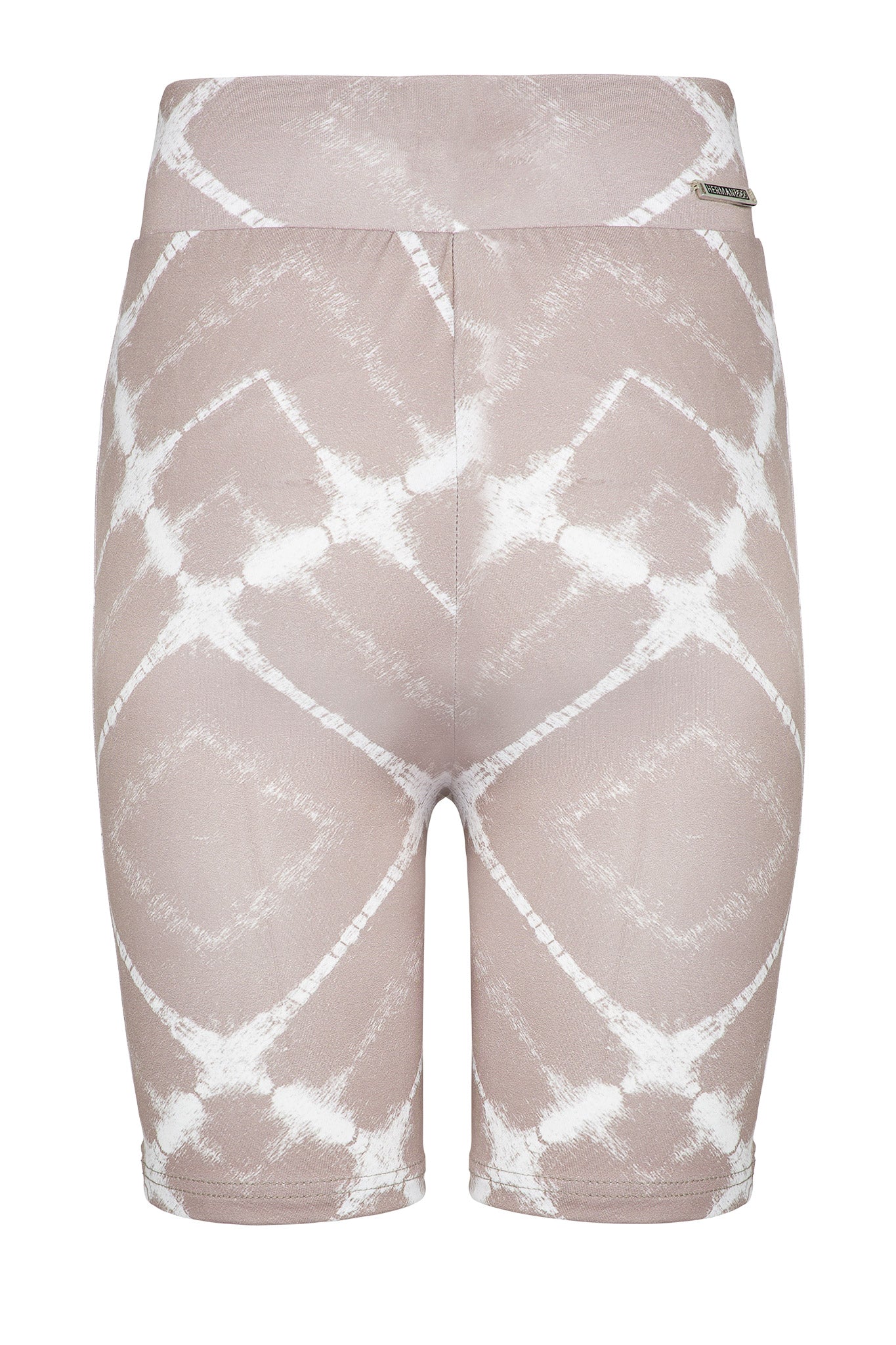 Front view of the taupe printed cycling shorts laid flat.
