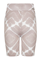 Front view of the taupe printed cycling shorts laid flat.