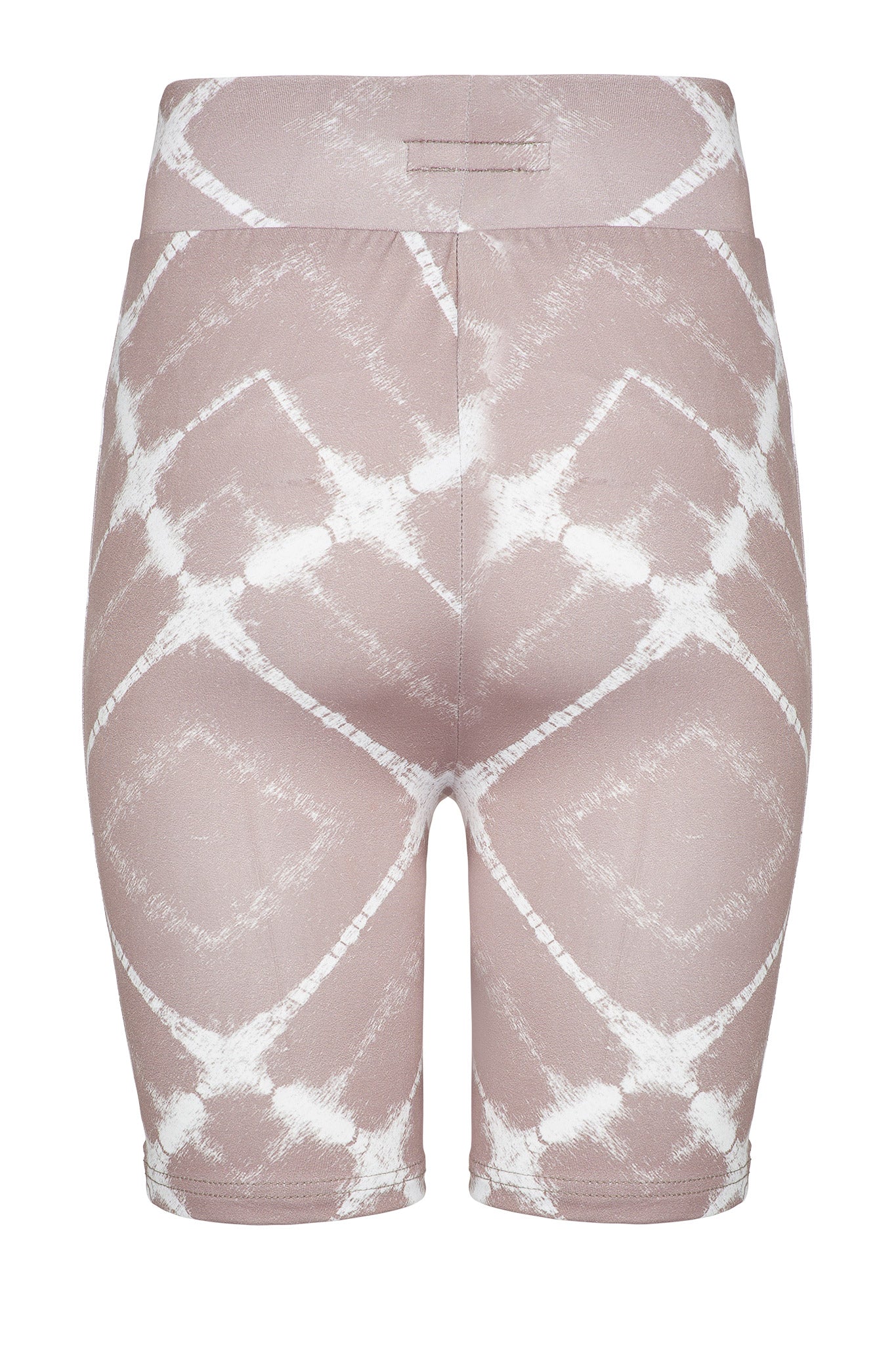 Back view of the white and taupe cycling shorts laid flat.