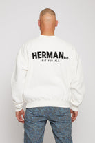 Rear view showing the large black logo print on the back of mens white sweatshirt