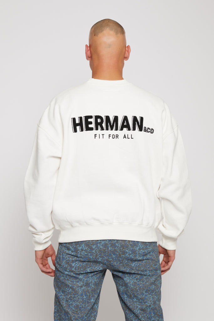 Rear view showing the large black logo print on the back of mens white sweatshirt