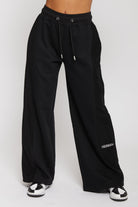 Close up of the drawstring waist on comfortable wide joggers for women