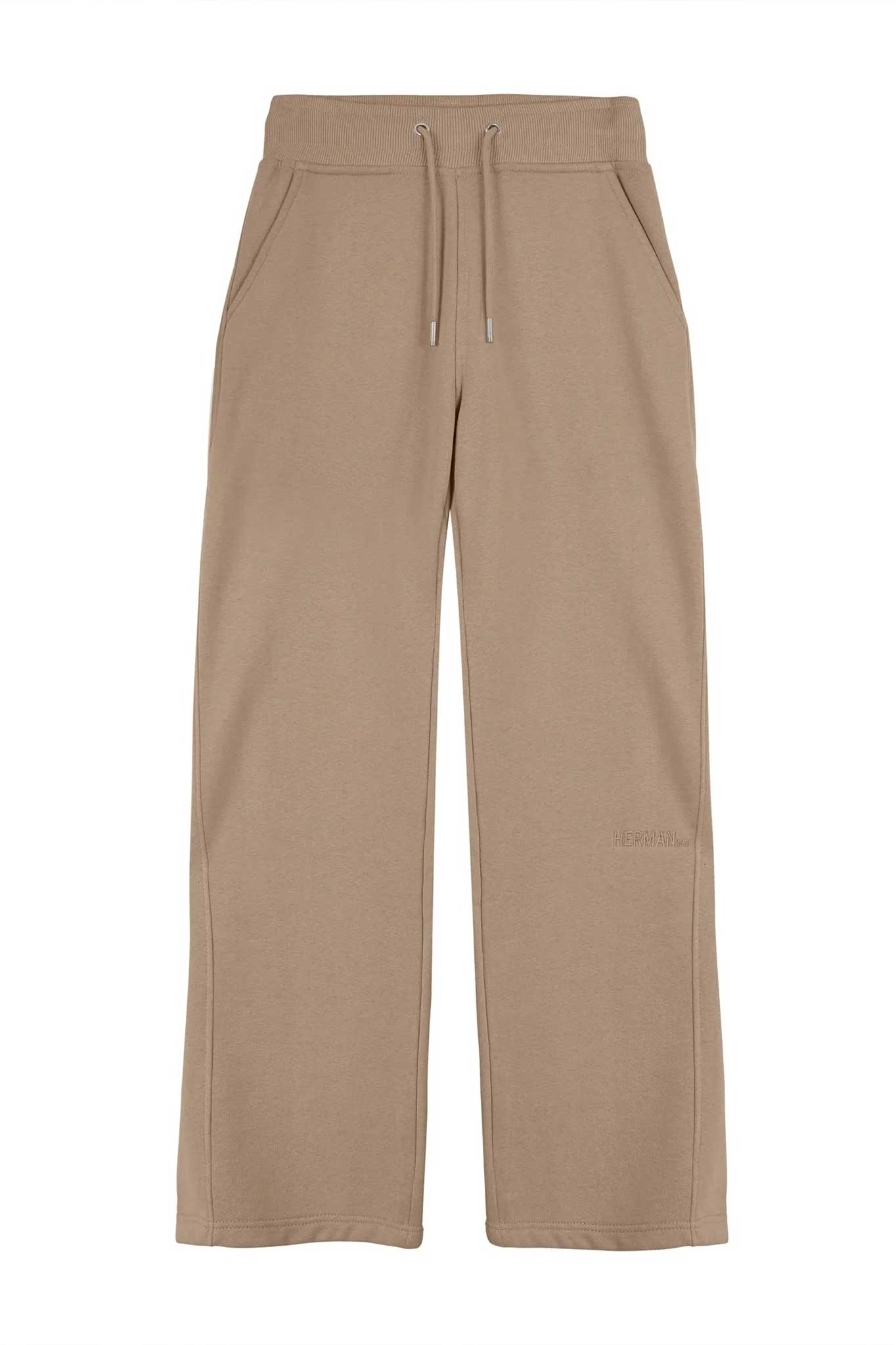 Front view of the women's beige wide-leg joggers laid flat.