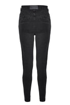 Back view of the women's black biker jeans laid flat.