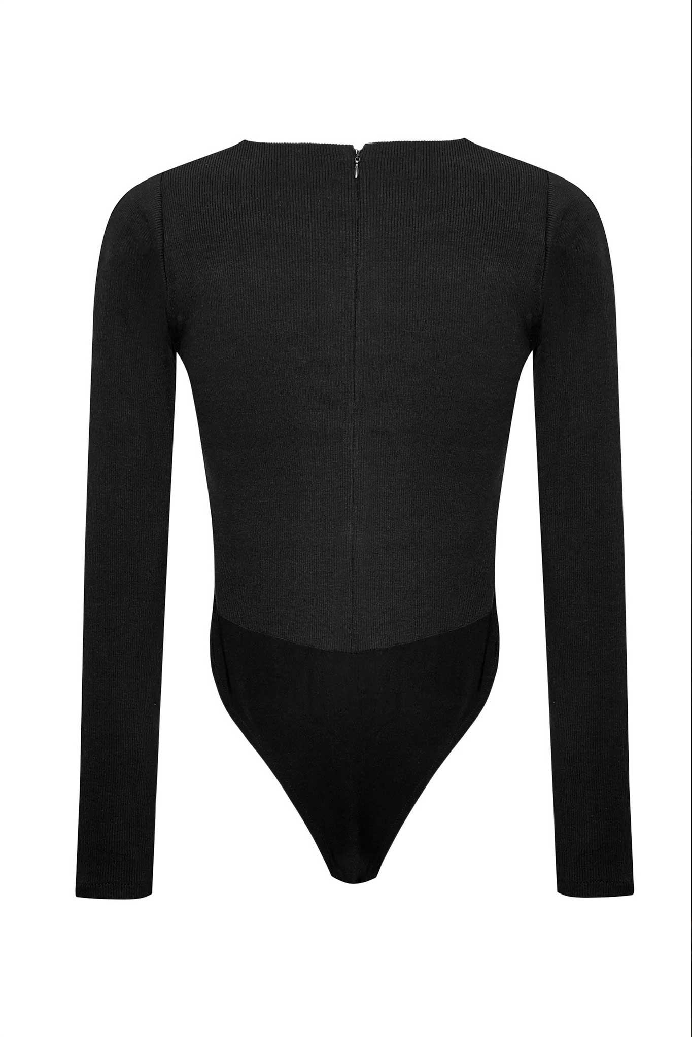 Back view of the women's black ribbed bodysuit laid flat.