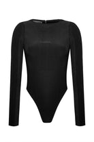 Women's black ribbed long-sleeve bodysuit with a racer neck, laid flat.