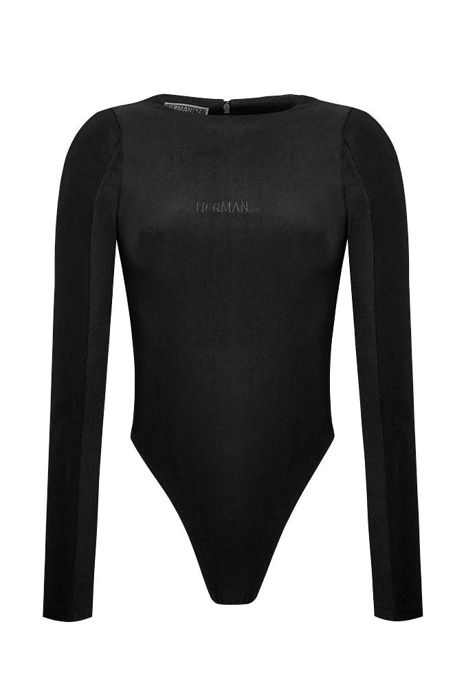 Women's black ribbed long-sleeve bodysuit with a racer neck, laid flat.