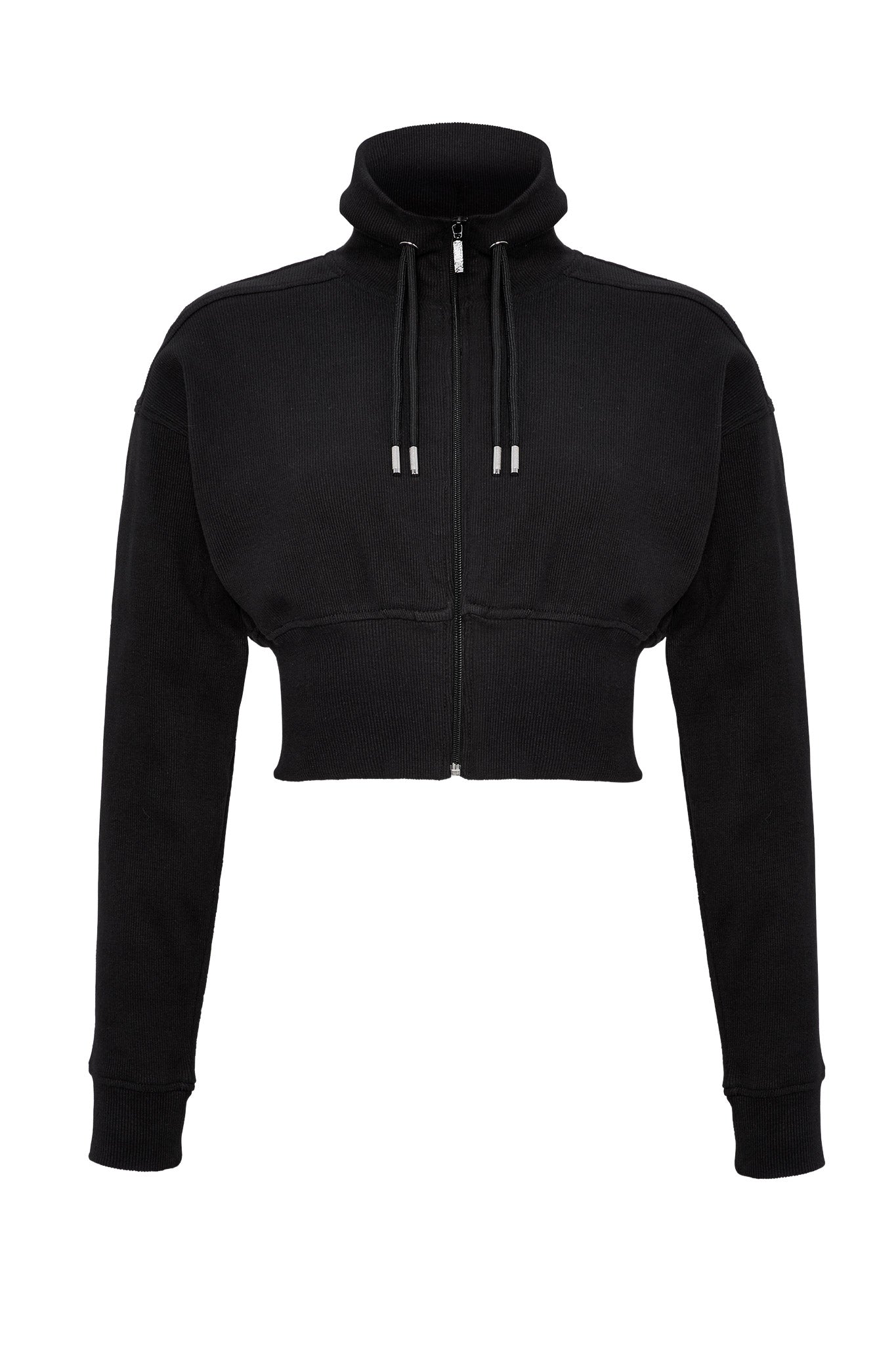 Flat lay front view of essential black zip neck sweatshirt women