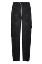 Front view of the women's cargo zip front jeans laid flat.