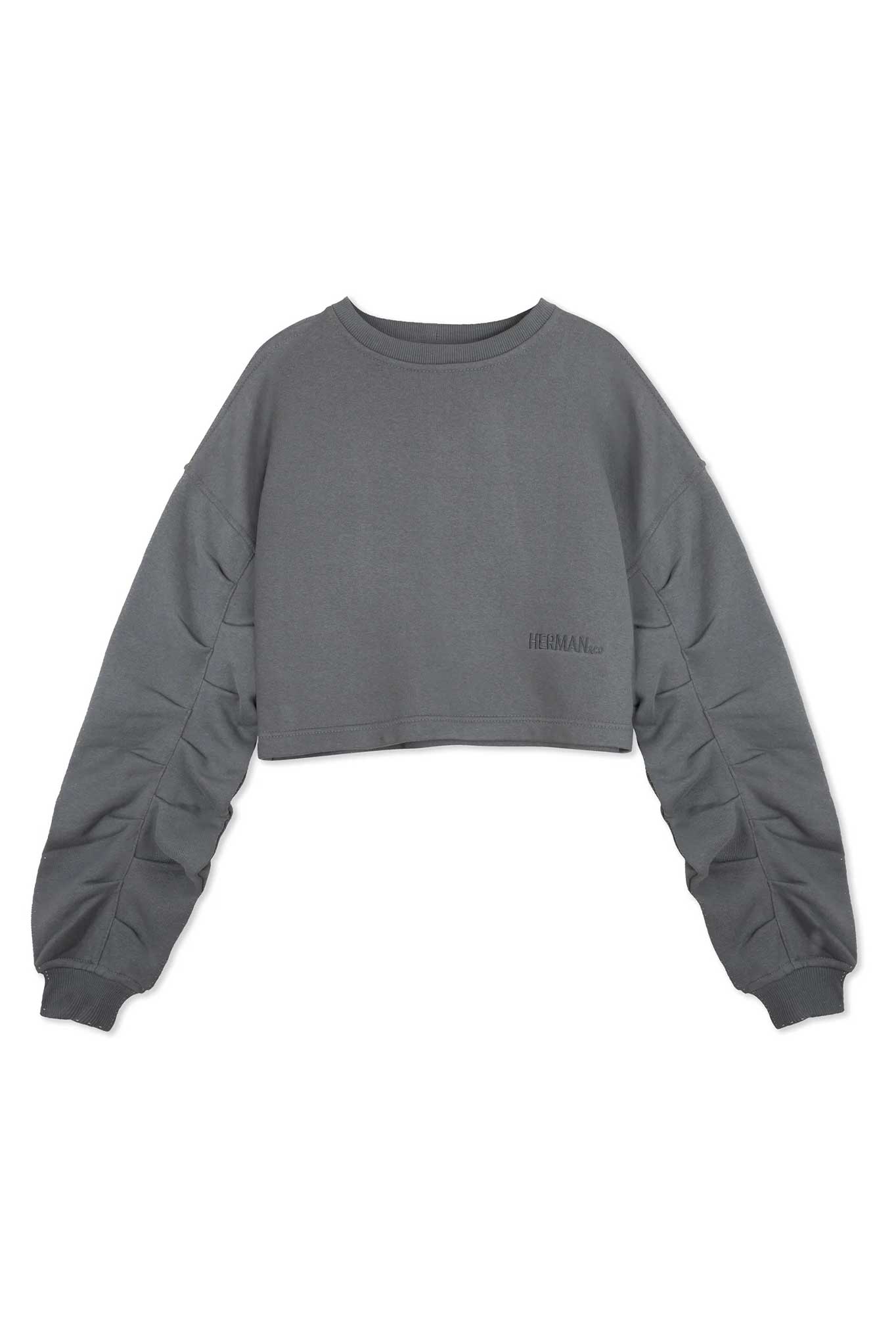 Flat lay front view of essential womens grey crew neck jumper with tack details